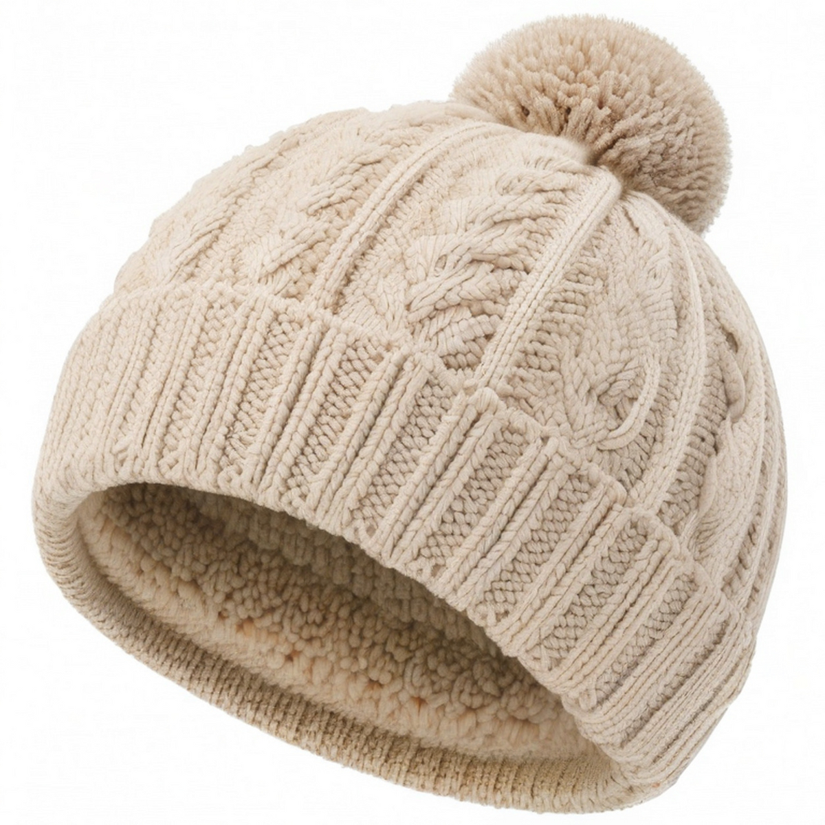 Cappello in maglia taglia unica beige con pompon - interno morbido stile invernale