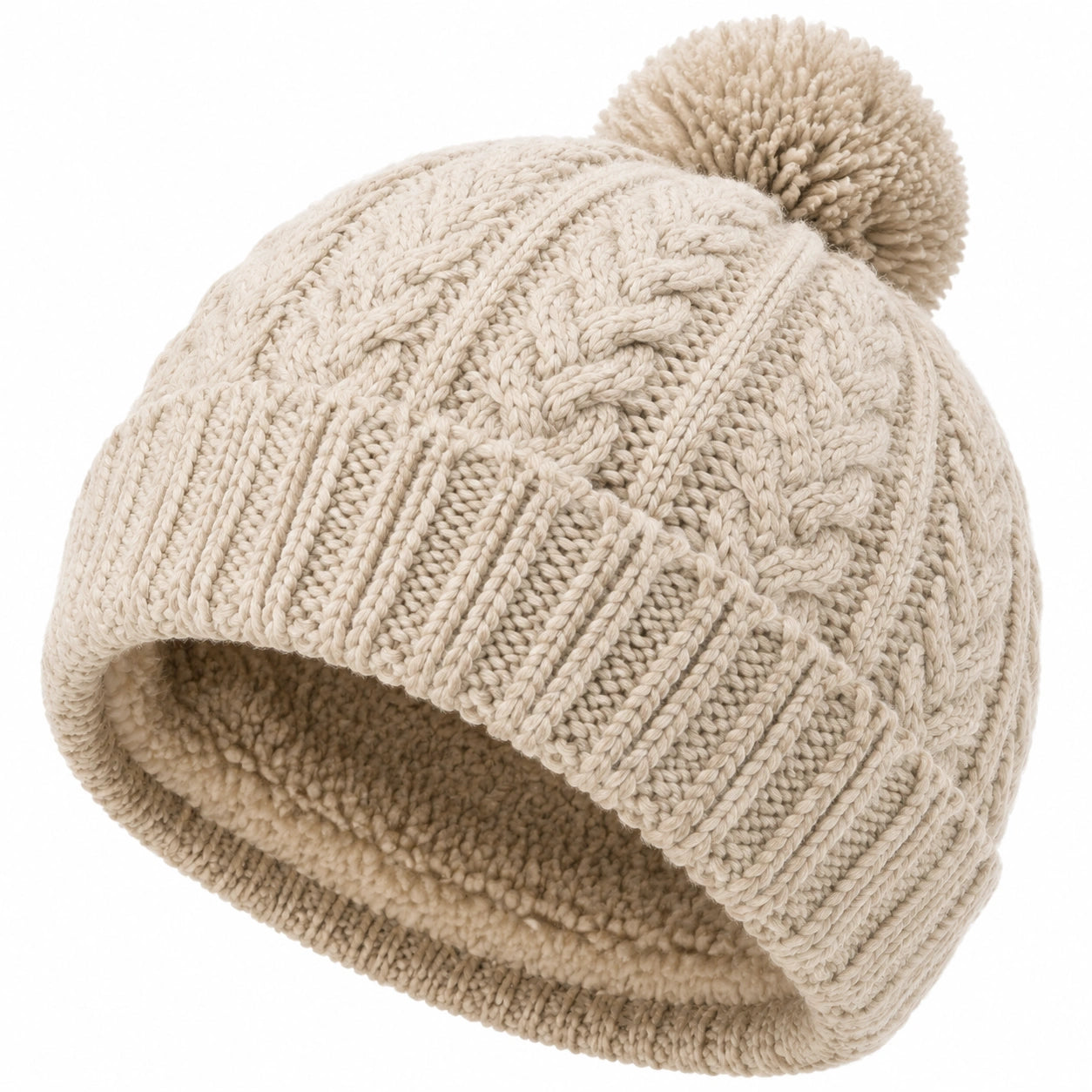 Cappello in maglia taglia unica beige con pompon - interno morbido stile invernale
