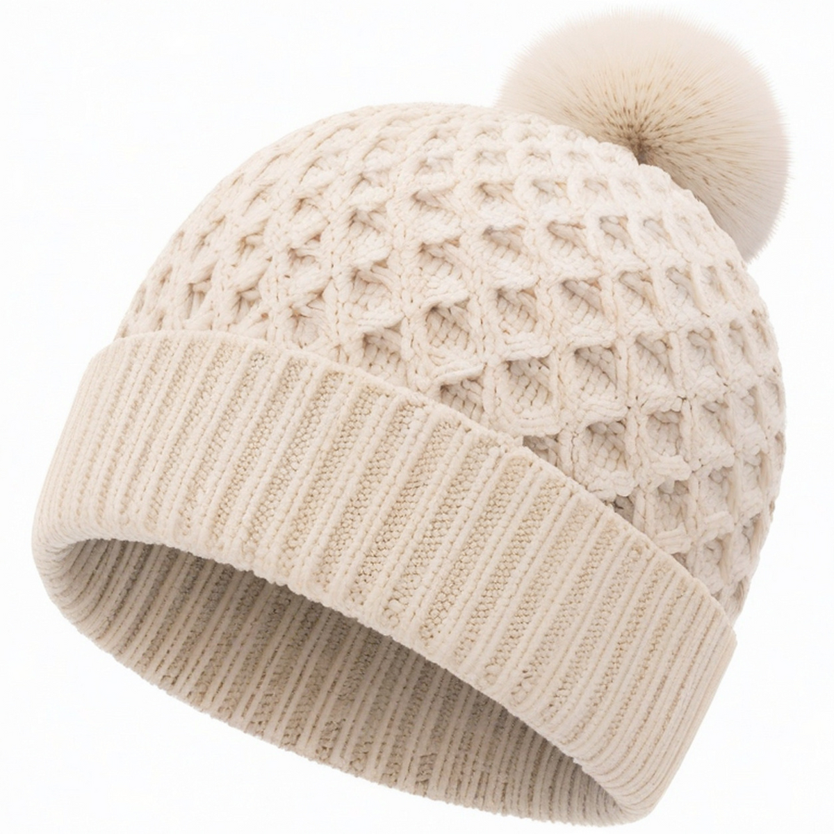Berretto in maglia taglia unica avorio con pompon stile invernale