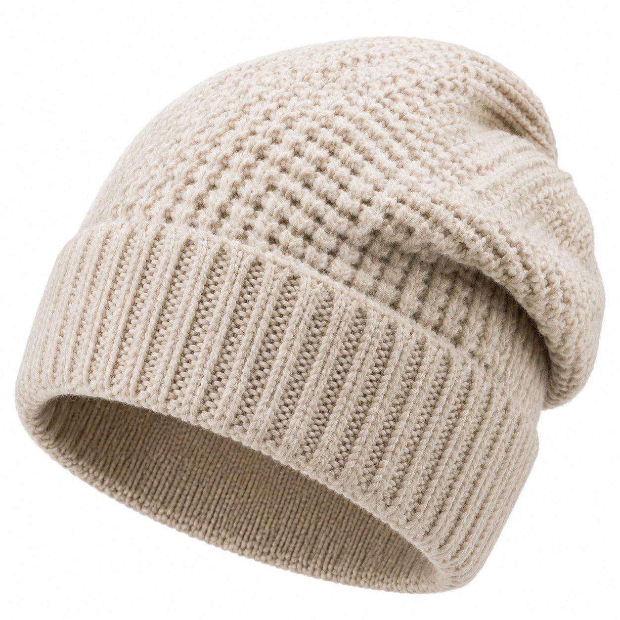 Berretto in maglia taglia unica color crema per uso quotidiano con risvolto