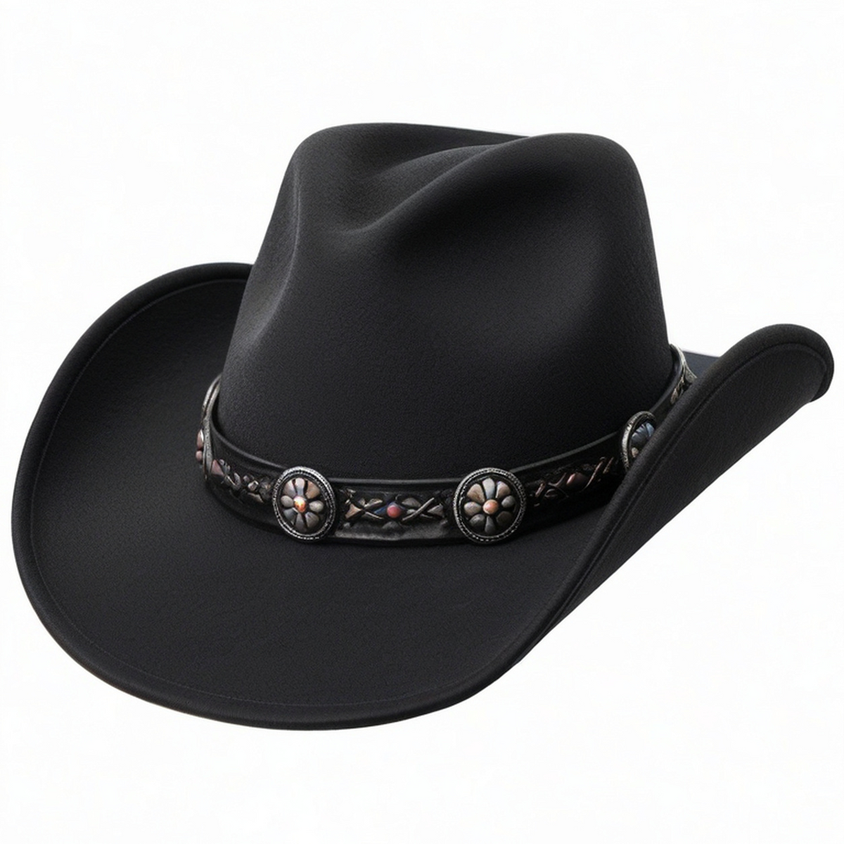 Cappello da cowboy taglia unica nero in tessuto effetto feltro con fascia decorativa stile western