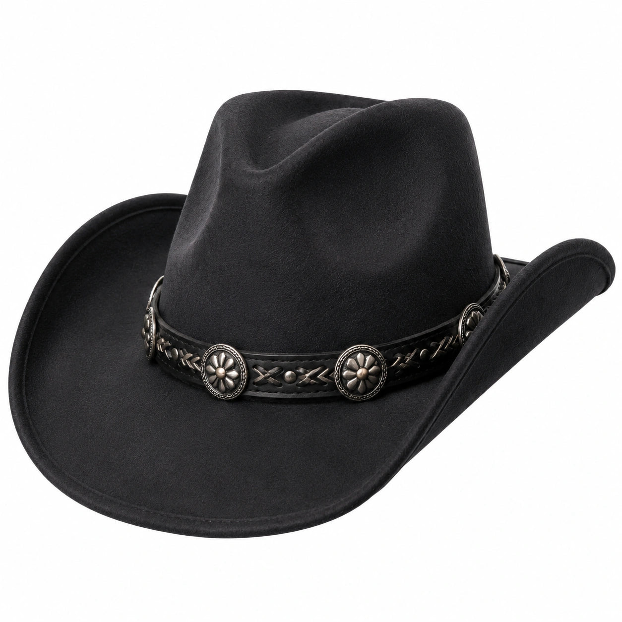 Cappello da cowboy taglia unica nero in tessuto effetto feltro con fascia decorativa stile western