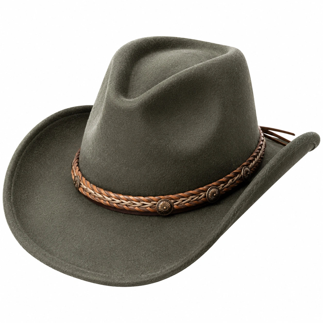 Cappello cowboy taglia unica in feltro verde oliva con fascia intrecciata stile western