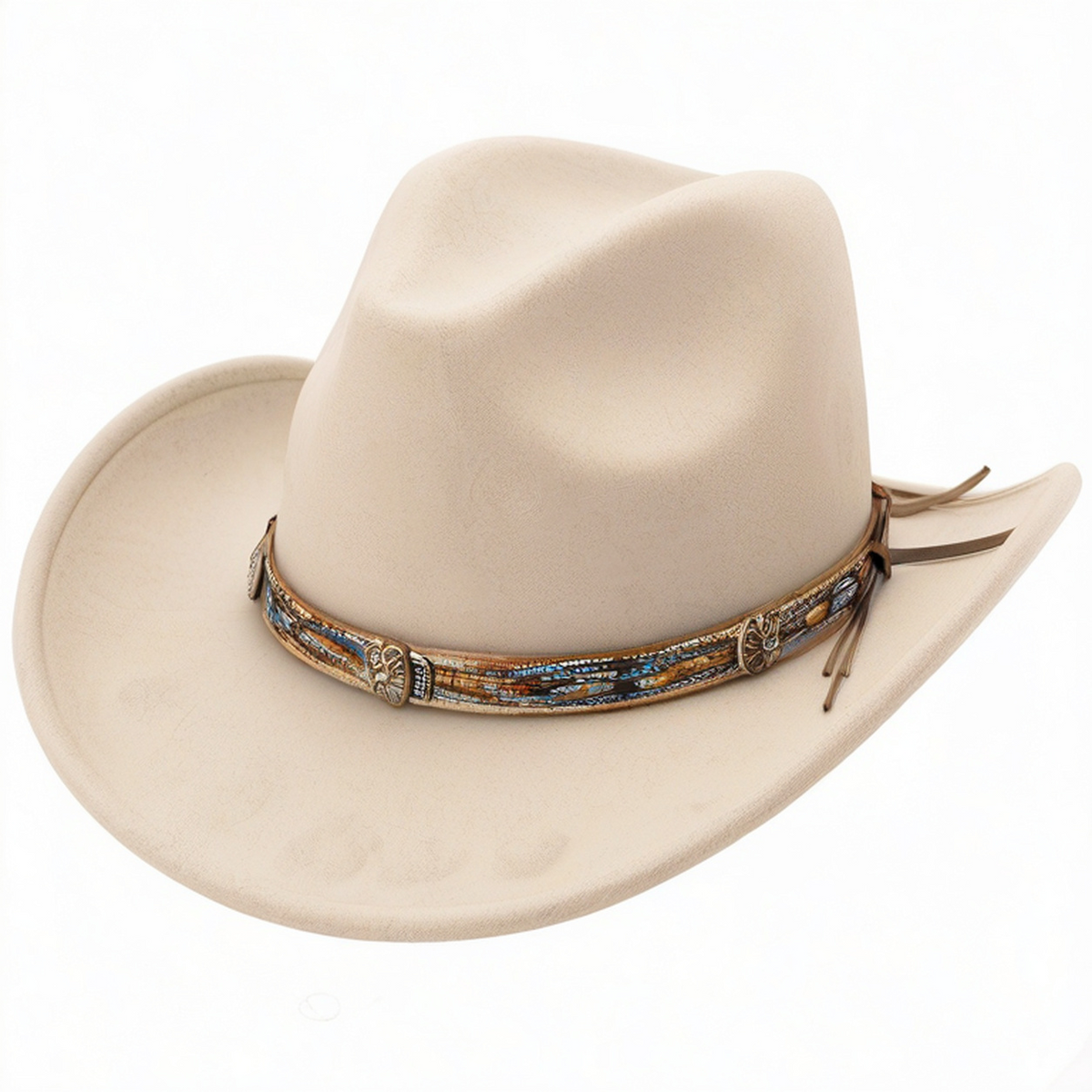 Cappello cowboy taglia unica in feltro beige con fascia decorativa regolabile