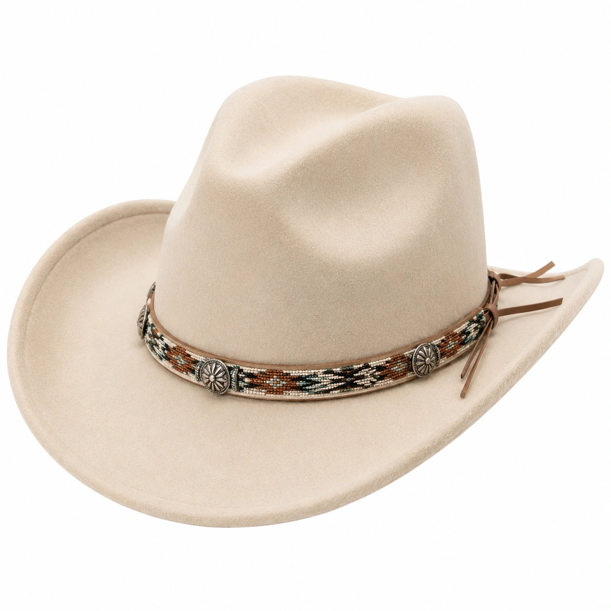 Cappello cowboy taglia unica in feltro beige con fascia decorativa regolabile