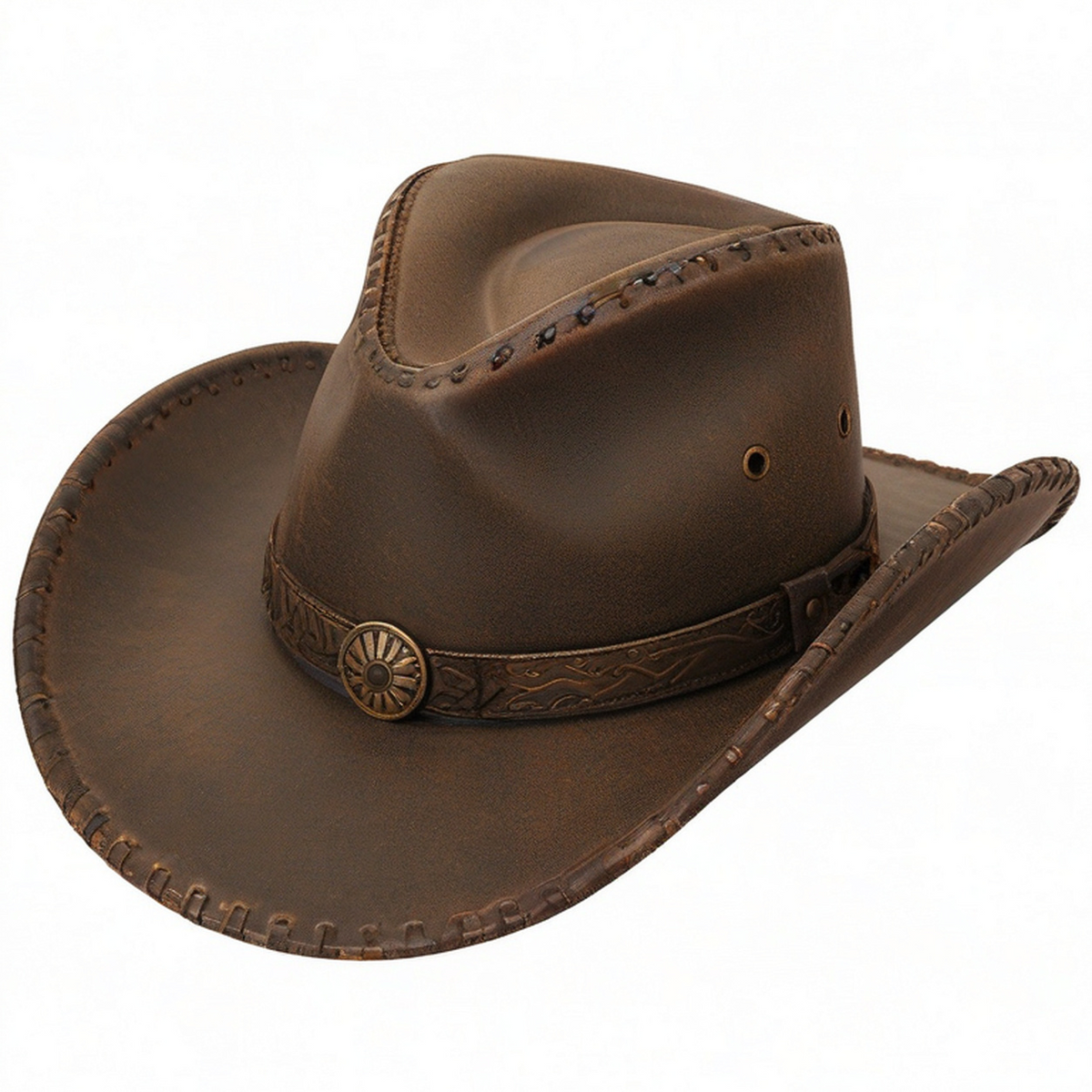 Cappello cowboy taglia unica in materiale effetto pelle marrone con falda ampia e cinturino regolabile