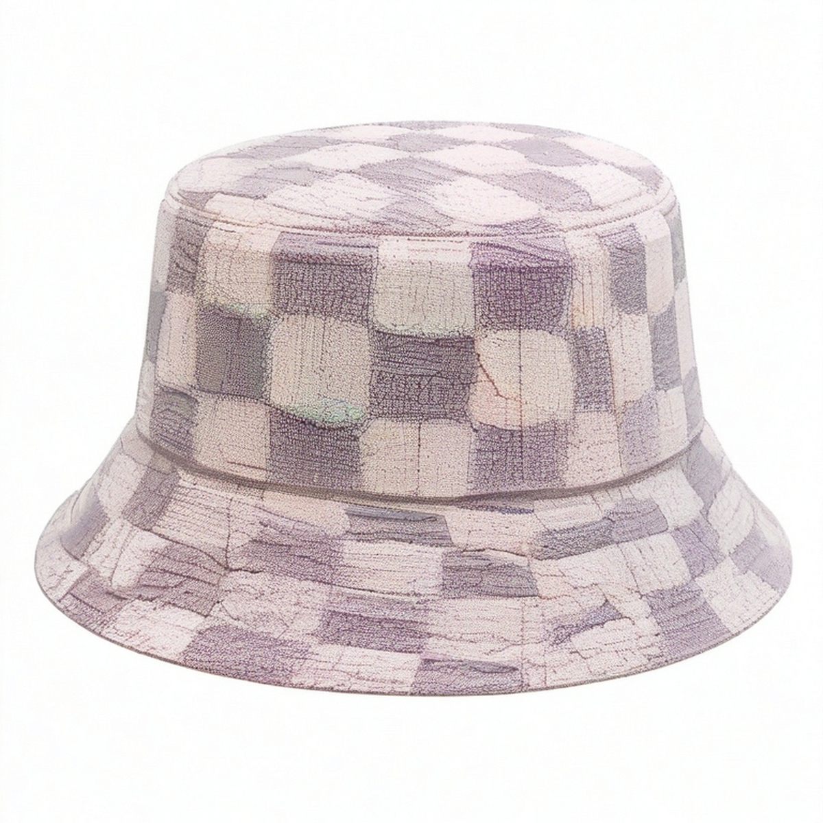 Cappello a secchiello taglia unica in tessuto testurizzato lilla e beige con motivo a quadri