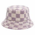 Cappello a secchiello taglia unica in tessuto testurizzato lilla e beige con motivo a quadri
